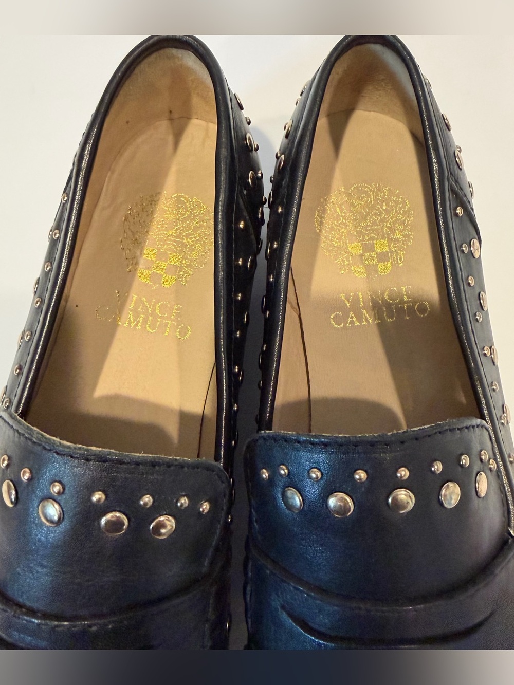 Vince Camuto Women's Black Leather Studded Penny Loafers - Picture 6 of 8
